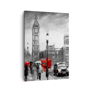 Cuadro sobre lienzo - Impresión de Imagen - Una escena de Londres en blanco y negro con acentos rojos. - 50x70cm - No tan gris como la pintan - Decoración de pared moderna para salón y dormitorio ARTTOR