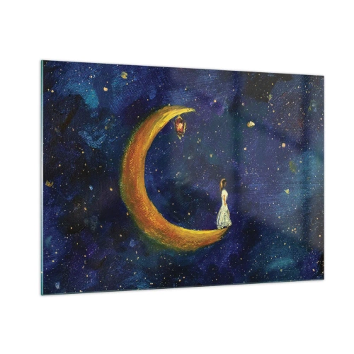 Cuadro sobre vidrio - Impresiones sobre Vidrio - Una figura en la luna en el cielo nocturno. - 100x70cm - La llamada de la Luna - Decoración de pared moderna para salón y dormitorio ARTTOR