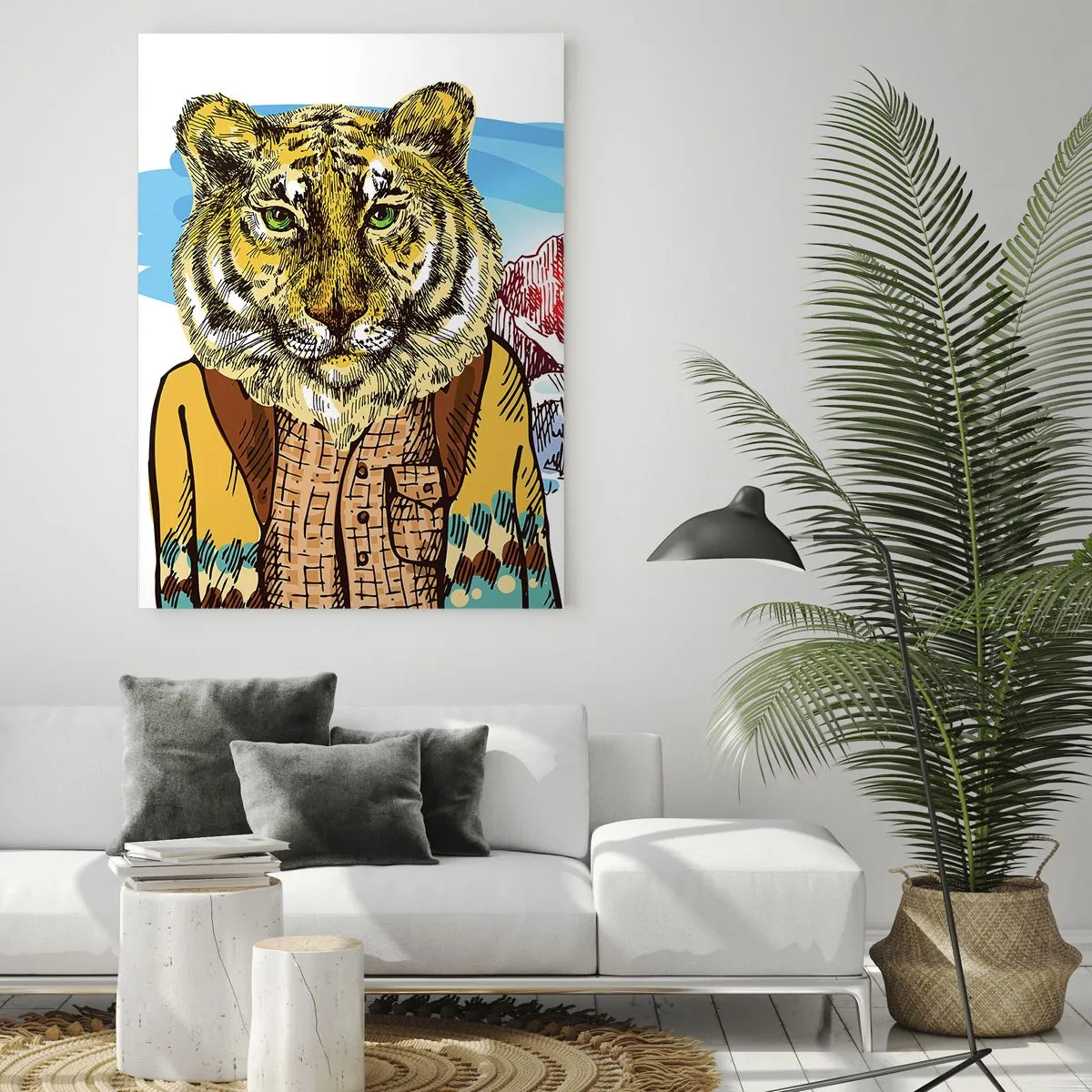 Cuadro sobre vidrio - Impresiones sobre Vidrio - Un tigre con chaleco frente a un paisaje montañoso. - 50x70cm - No es tan salvaje como dicen - Decoración de pared moderna para salón y dormitorio ARTTOR