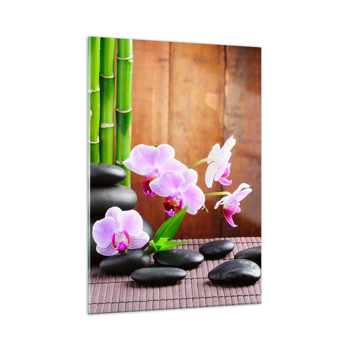 Cuadro sobre vidrio - Impresiones sobre Vidrio - Orquídeas rosas, bambú y piedras negras contra una pared de madera. - 50x70cm - Experimente los placeres de Oriente - Decoración de pared moderna para salón y dormitorio ARTTOR