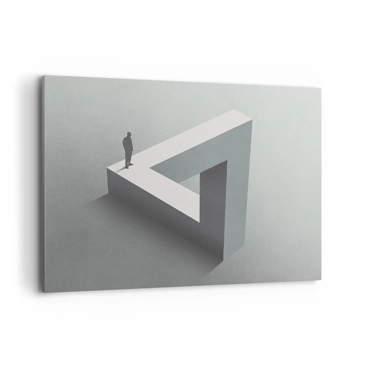 Cuadro sobre lienzo - Impresión de Imagen - Una figura parada sobre un triángulo de Penrose en tonos de gris. - 100x70cm - Y, sin embargo, es posible - Decoración de pared moderna para salón y dormitorio ARTTOR