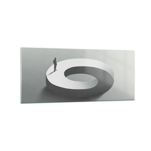 Cuadro sobre vidrio - Impresiones sobre Vidrio - Un hombre sobre una estructura gris y abstracta. - 120x50cm - Ser sabio no es una labor sencilla - Decoración de pared moderna para salón y dormitorio ARTTOR