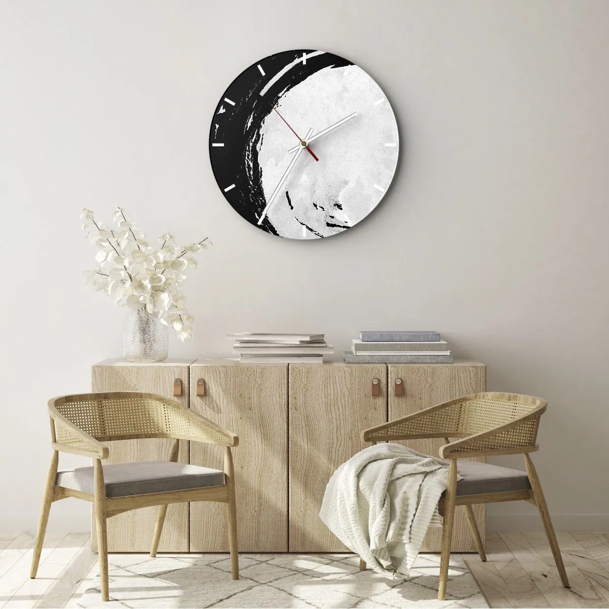 Reloj de pared - Reloj de vidrio - Círculo de pincel blanco sobre fondo negro en estilo zen - 30x30cm - La buena salida - Decoración de pared moderna para salón, cocina y dormitorio ARTTOR