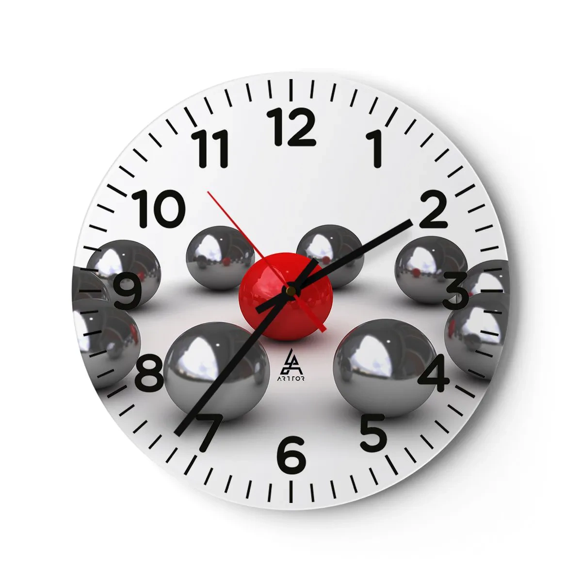 Reloj de pared - Reloj de vidrio - Círculo en plata y rojo - 30x30 cm