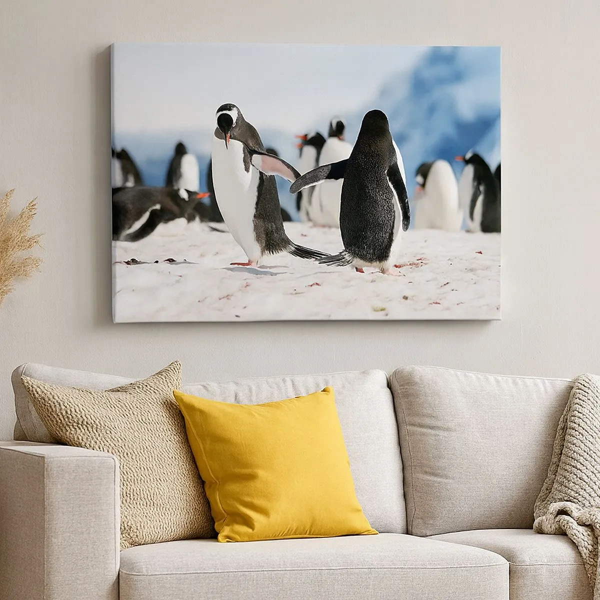 Cuadro sobre lienzo - Impresión de Imagen - Un grupo de pingüinos en la nieve en un paisaje antártico. - 70x50cm - Bailando en la nieve - Decoración de pared moderna para salón y dormitorio ARTTOR