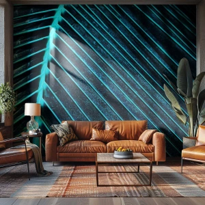 Fotomural Premium Sand - Primer plano de una hoja de palma en tonos frescos de verde. - 100x70cm - La textura del verde - Decoración de pared moderna para salón y dormitorio ARTTOR