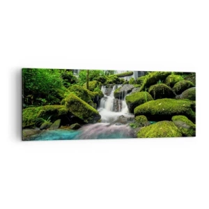 Cuadro sobre lienzo - Impresión de Imagen - Una cascada tropical rodeada de vegetación y agua turquesa. - 140x50cm - Turquesa, zafiro y plata líquida - Decoración de pared moderna para salón y dormitorio ARTTOR