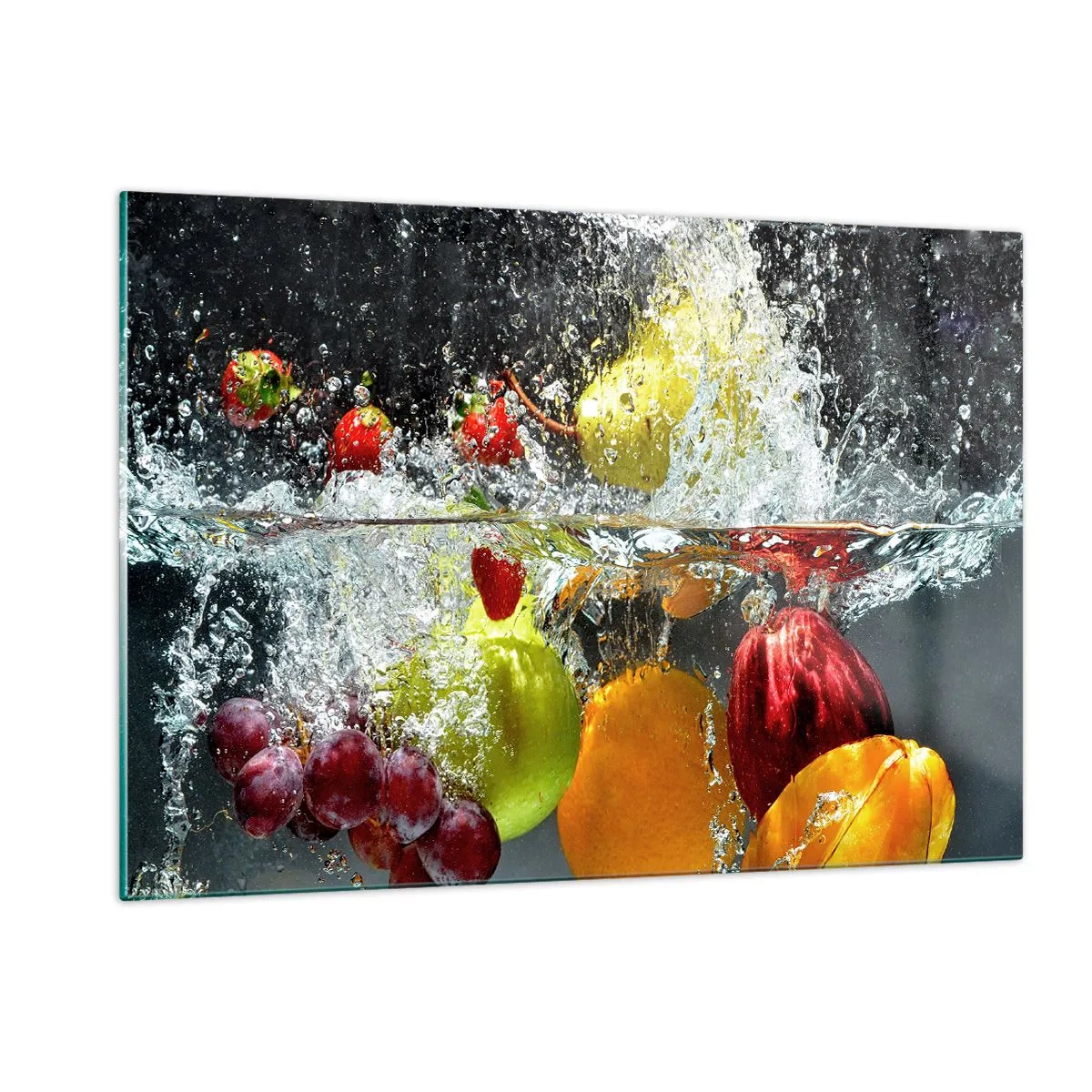 Cuadro sobre vidrio - Impresiones sobre Vidrio - Fruta sumergida en agua con salpicaduras dinámicas. - 120x80cm - Refresco afrutado - Decoración de pared moderna para salón y dormitorio ARTTOR