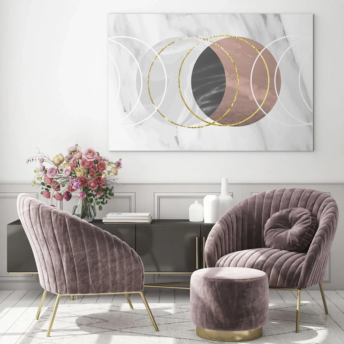 Cuadro sobre vidrio - Impresiones sobre Vidrio - Círculos geométricos en tonos cobre, oro y mármol. - 120x80cm - Música de las esferas - Decoración de pared moderna para salón y dormitorio ARTTOR