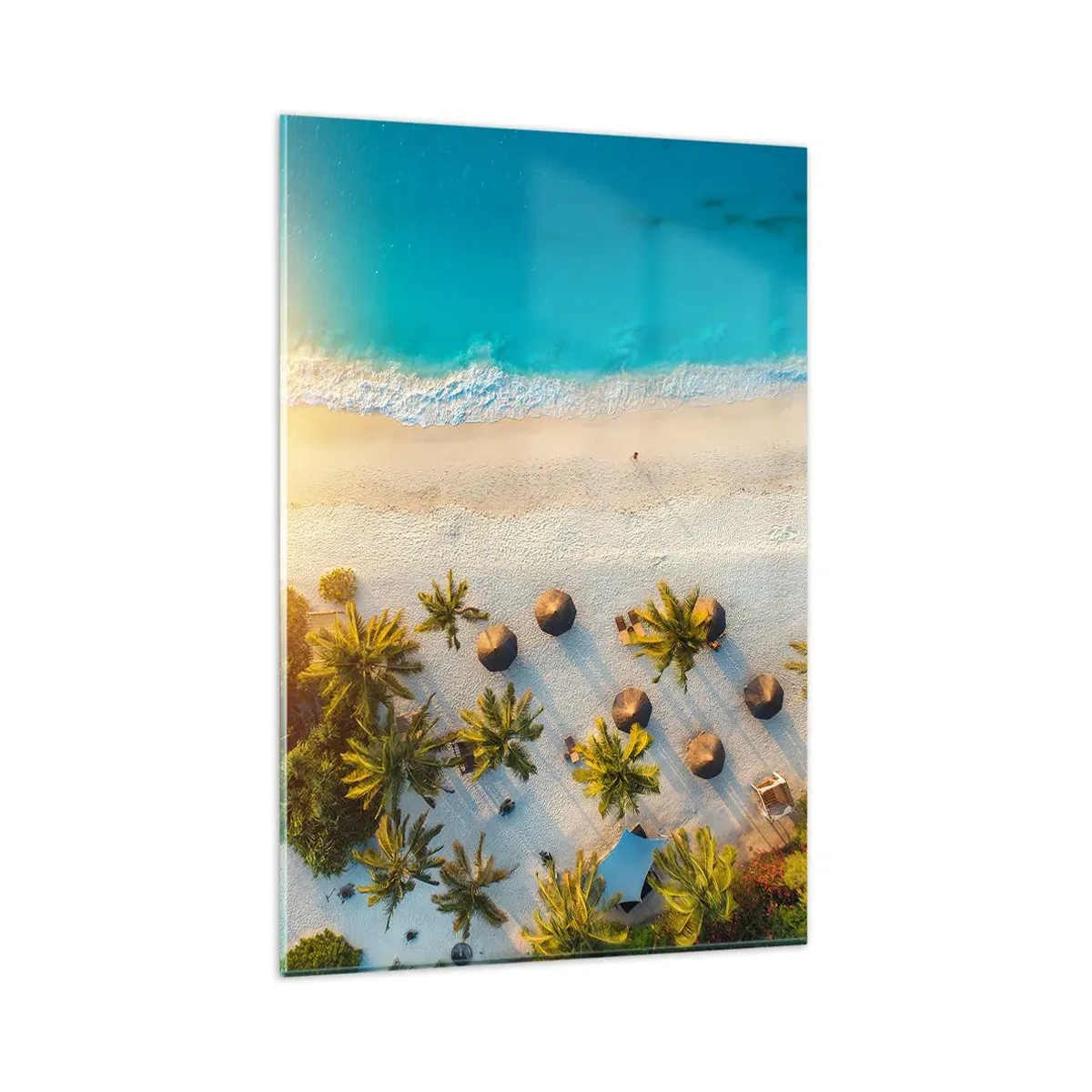 Cuadro sobre vidrio - Impresiones sobre Vidrio - Vista de una playa tropical con palmeras y un mar turquesa. - 80x120cm - Bienvenidos al paraíso - Decoración de pared moderna para salón y dormitorio ARTTOR
