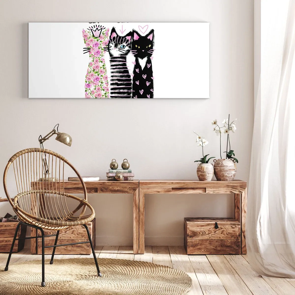 Cuadro sobre lienzo - Impresión de Imagen - Tres gatos con diversos patrones artísticos. - 120x50cm - Había tres gatitos - Decoración de pared moderna para salón y dormitorio ARTTOR