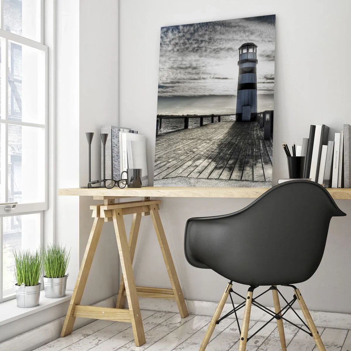 Cuadro sobre vidrio - Impresiones sobre Vidrio - Faro en un muelle de madera con vistas al mar. - 80x120cm - Marineros, aquí os espero - Decoración de pared moderna para salón y dormitorio ARTTOR