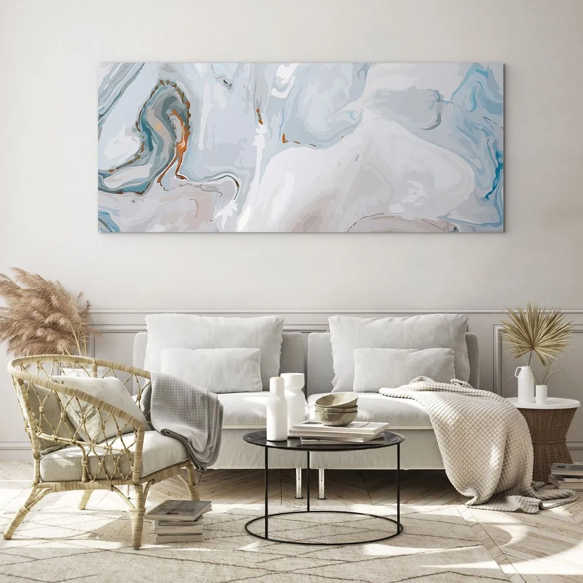 Cuadro sobre vidrio - Impresiones sobre Vidrio - Ondas abstractas en tonos azules y blancos - 140x50cm - Blanco fusión - Decoración de pared moderna para salón y dormitorio ARTTOR