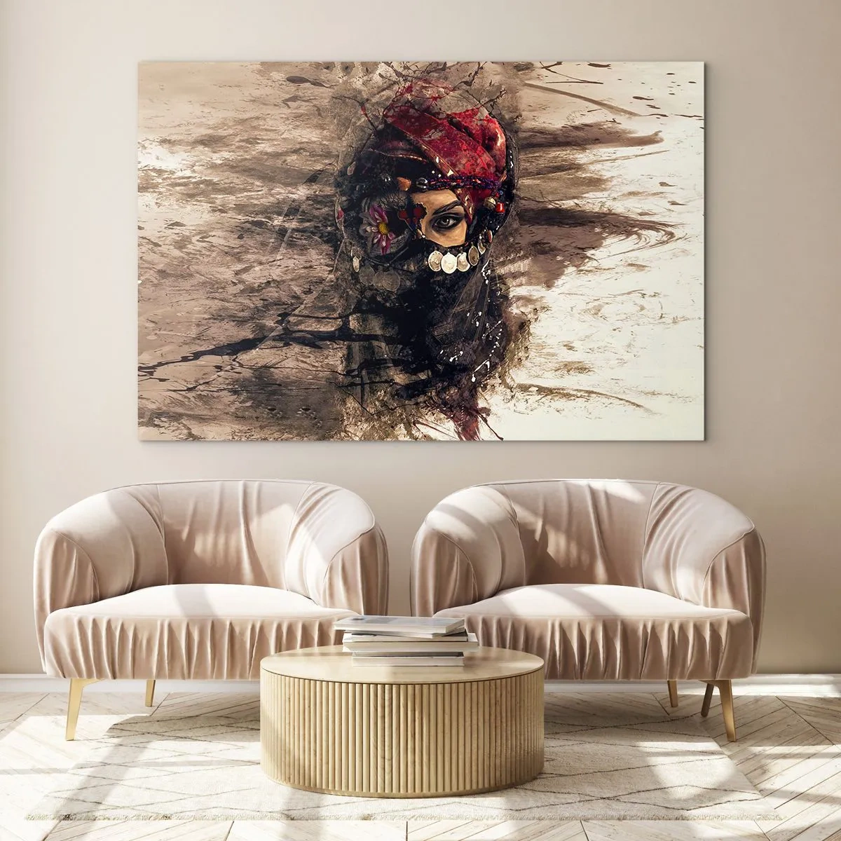 Cuadro sobre vidrio - Impresiones sobre Vidrio - Retrato de una mujer misteriosa con un turbante rojo. - 100x70cm - Inquietante, como mínimo - Decoración de pared moderna para salón y dormitorio ARTTOR