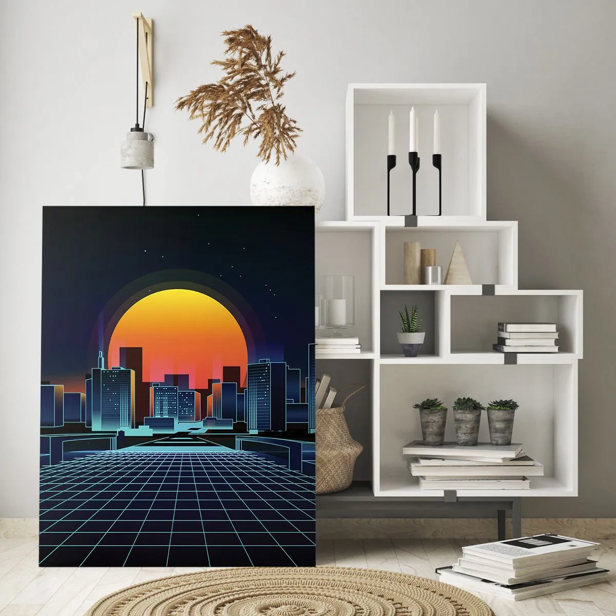 Cuadro sobre vidrio - Impresiones sobre Vidrio - Horizonte urbano futurista de estilo neón - 80x120cm - ¿Todavía deseas volver a la realidad? - Decoración de pared moderna para salón y dormitorio ARTTOR