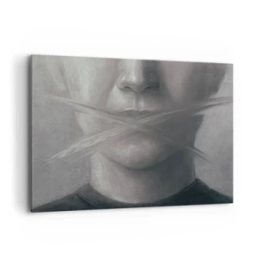 Cuadro sobre lienzo - Impresión de Imagen - Un retrato simbólico con labios difuminados en tonos grises. - 100x70cm - Ni una palabra - Decoración de pared moderna para salón y dormitorio ARTTOR