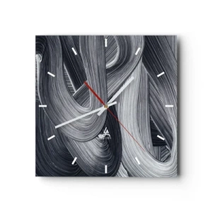 Reloj de pared - Reloj de vidrio - Abstracción en blanco y negro con pinceladas dinámicas. - 30x30cm - La fluidez de la realidad - Decoración de pared moderna para salón y dormitorio ARTTOR