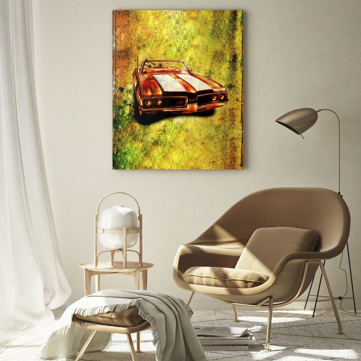 Cuadro sobre vidrio - Impresiones sobre Vidrio - Un descapotable deportivo clásico con un fondo artístico. - 50x70cm - Poder en las formas - Decoración de pared moderna para salón y dormitorio ARTTOR