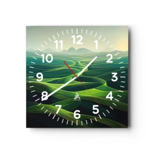 Reloj de pared - Reloj de vidrio - Valles en tonos verdes - 40x40 cm