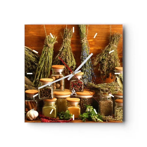 Reloj de pared - Reloj de vidrio - Hierbas y especias en frascos sobre un fondo rústico. - 30x30cm - La magia de la cocina - Decoración de pared moderna para salón y dormitorio ARTTOR