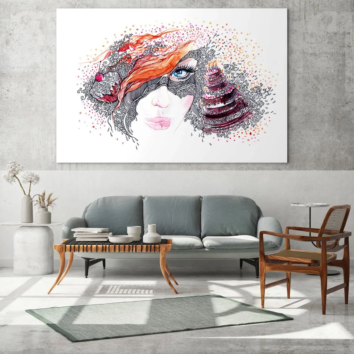 Cuadro sobre vidrio - Impresiones sobre Vidrio - Retrato de una mujer con patrones dinámicos y acentos rojos. - 70x50cm - Con ella cada día es una fiesta - Decoración de pared moderna para salón y dormitorio ARTTOR