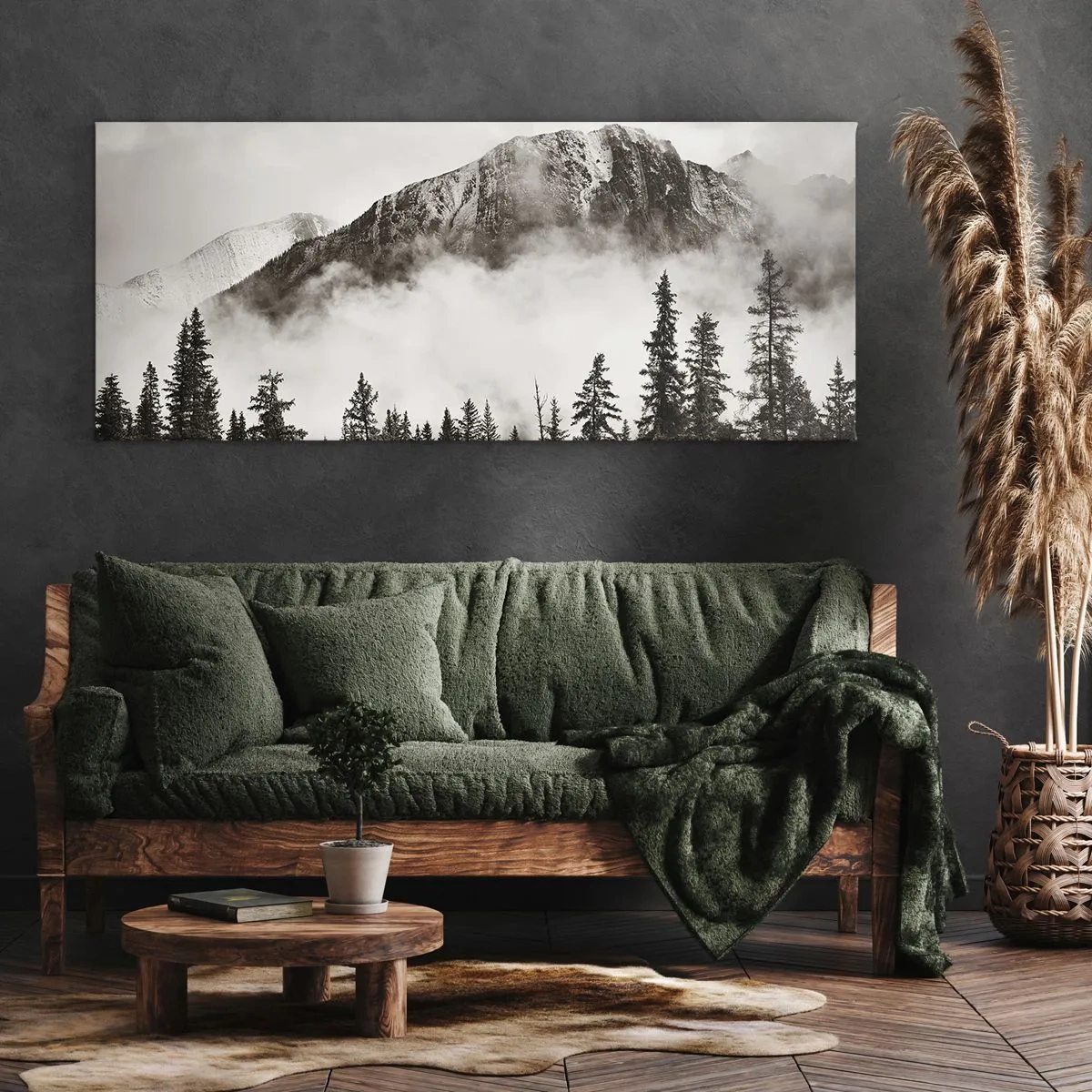 Cuadro sobre lienzo - Impresión de Imagen - Un pintoresco pico de montaña rodeado de niebla y un bosque en tonos sepia. - 120x50cm - Gobernante de granito - Decoración de pared moderna para salón y dormitorio ARTTOR