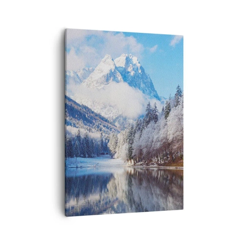 Cuadro sobre lienzo - Impresión de Imagen - Paisaje invernal de montaña con árboles cubiertos de nieve y un lago. - 50x70cm - Guardia de nieve - Decoración de pared moderna para salón y dormitorio ARTTOR