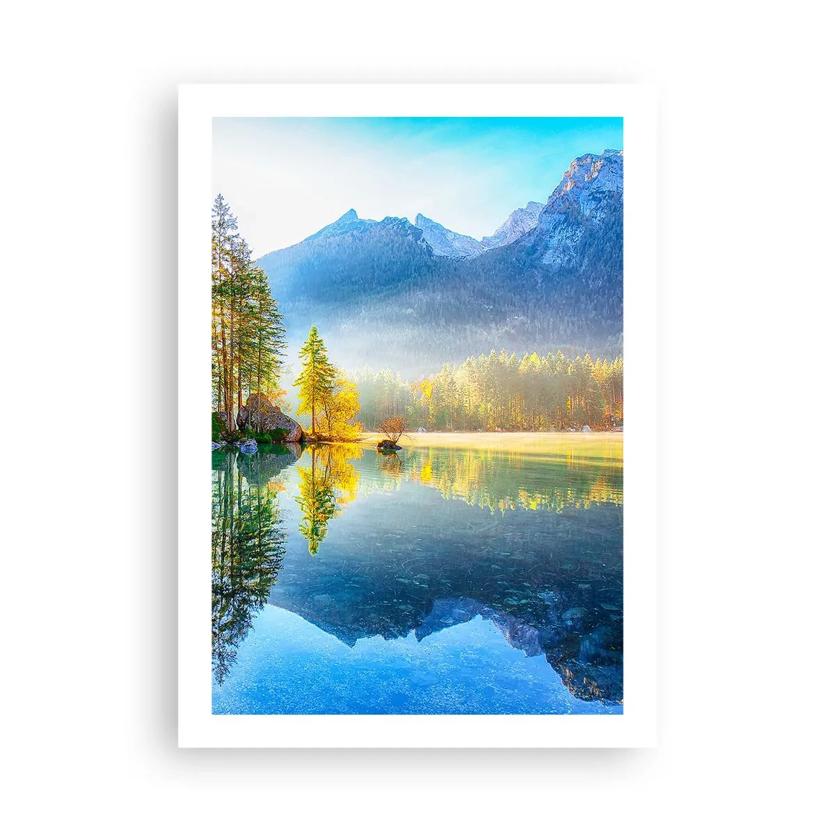 Póster - Un lago de montaña rodeado de bosques y picos reflejados en el agua. - 50x70cm - Majestuosidad y dulzura - Decoración de pared moderna para salón y dormitorio ARTTOR