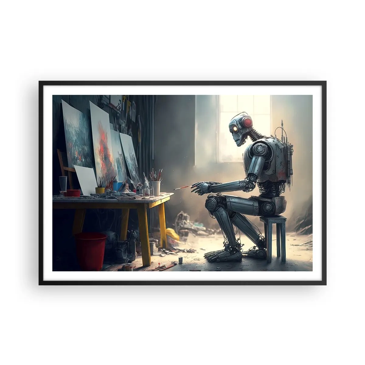 Póster en marco negro - Un robot pintando un cuadro en un estudio de arte. - 100x70cm - El acto de creación - Decoración de pared moderna para salón y dormitorio ARTTOR
