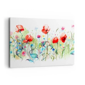 Cuadro sobre lienzo - Impresión de Imagen - Un prado con amapolas rojas y flores de colores en acuarela. - 120x80cm - Un prado en flor en mayo - Decoración de pared moderna para salón y dormitorio ARTTOR