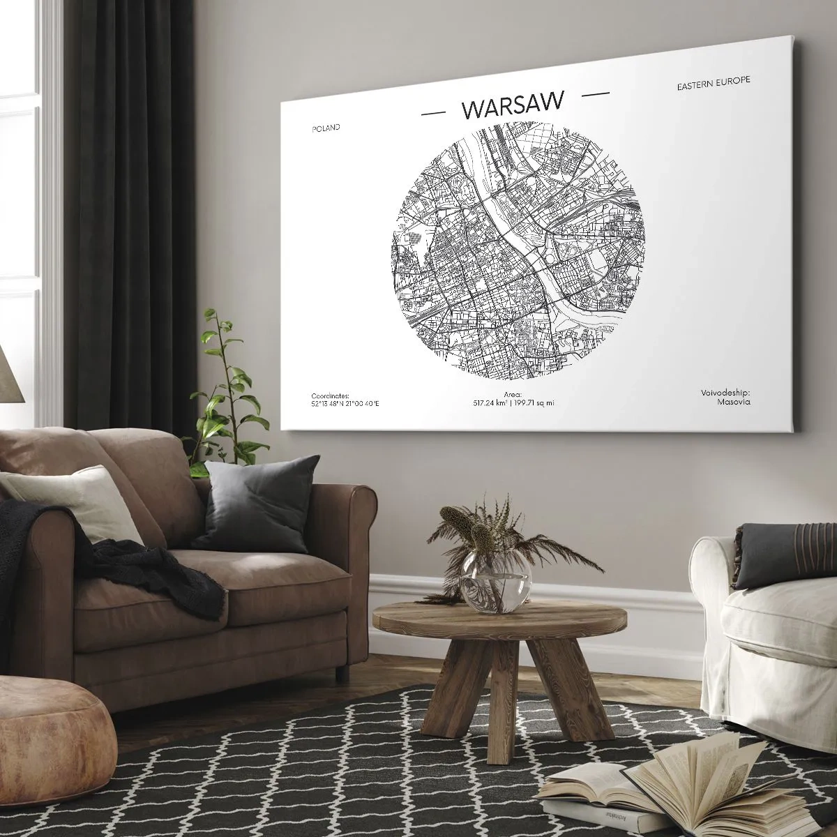 Cuadro sobre lienzo - Impresión de Imagen - Un mapa de Varsovia en estilo minimalista - 70x50cm - Anatomía de Varsovia - Decoración de pared moderna para salón y dormitorio ARTTOR
