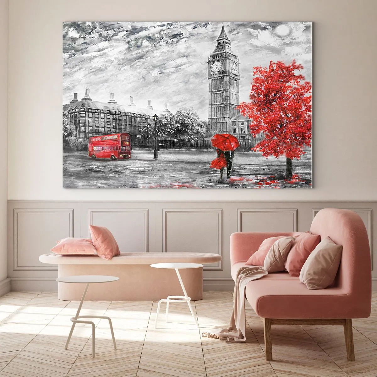 Cuadro sobre vidrio - Impresiones sobre Vidrio - El Big Ben con un autobús rojo y un paraguas sobre un fondo de árboles otoñales - 70x50cm - Un día emocionante - Decoración de pared moderna para salón y dormitorio ARTTOR