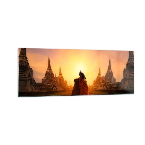 Cuadro sobre vidrio - Impresiones sobre Vidrio - Un monje entre los templos al atardecer. - 140x50cm - En paz por la eternidad - Decoración de pared moderna para salón y dormitorio ARTTOR