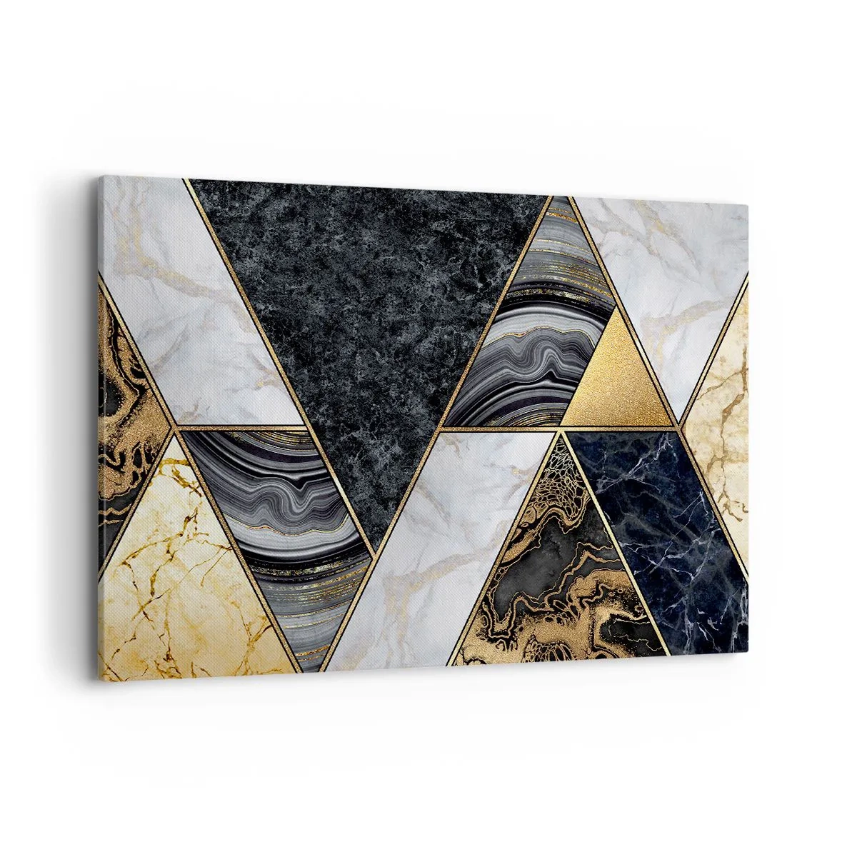 Cuadro sobre lienzo - Impresión de Imagen - Triángulos geométricos en dorado, mármol y tonos oscuros. - 100x70cm - Collage de piedras - Decoración de pared moderna para salón y dormitorio ARTTOR