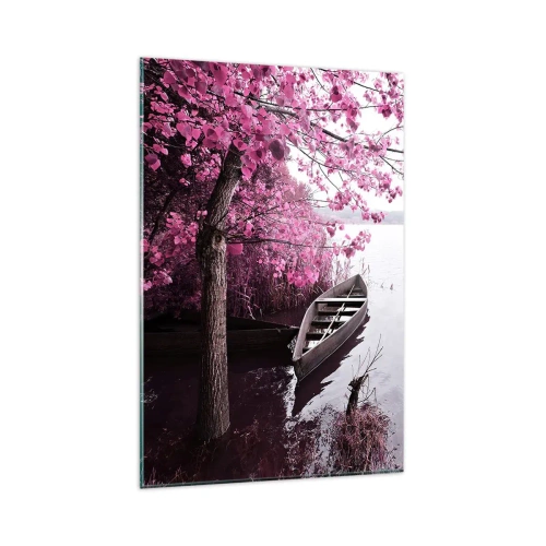 Cuadro sobre vidrio - Impresiones sobre Vidrio - Un barco en la orilla de un lago entre árboles rosados. - 80x120cm - En el silencio rosa - Decoración de pared moderna para salón y dormitorio ARTTOR