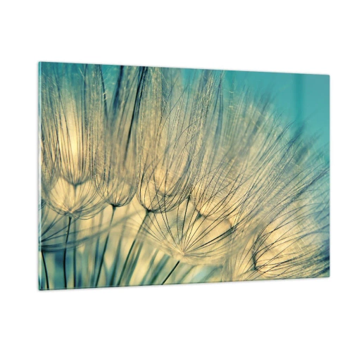 Cuadro sobre vidrio - Impresiones sobre Vidrio - Fotografía macro de un diente de león sobre un fondo turquesa. - 120x80cm - Esperando el viento - Decoración de pared moderna para salón y dormitorio ARTTOR