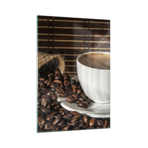 Cuadro sobre vidrio - Impresiones sobre Vidrio - Una taza de café con granos sobre un fondo rústico. - 50x70cm - La negrura del carbón, la transparencia del ámbar - Decoración de pared moderna para salón y dormitorio ARTTOR