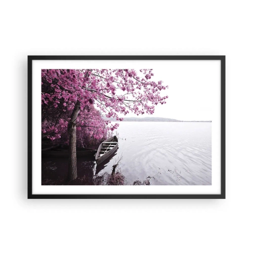 Póster en marco negro - Un barco en la orilla de un lago entre árboles rosados. - 70x50cm - En el silencio rosa - Decoración de pared moderna para salón y dormitorio ARTTOR