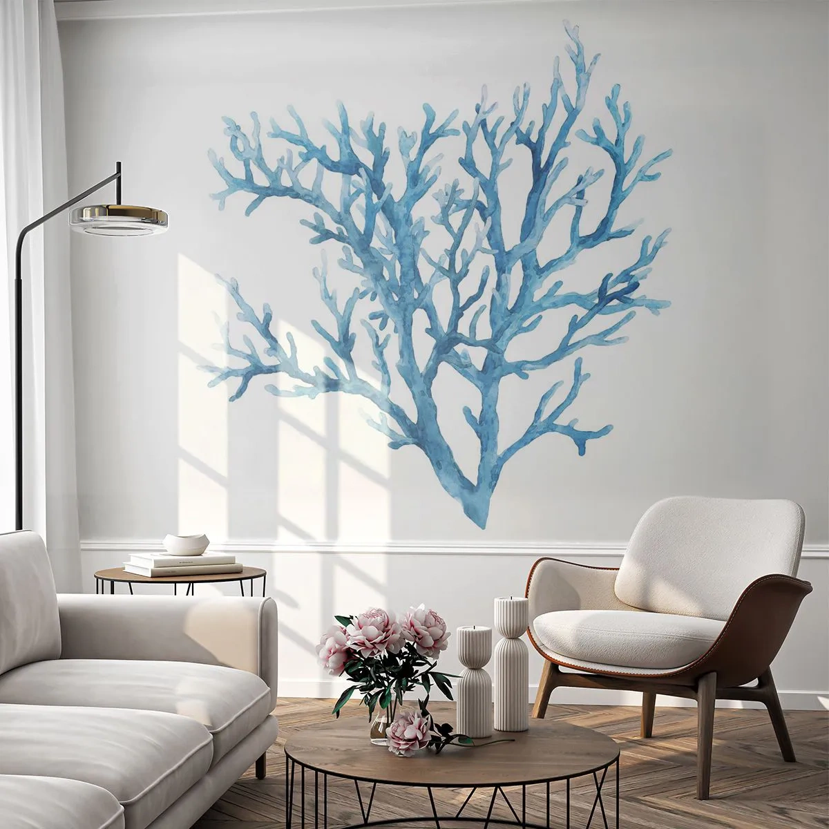 Fotomural Premium Sand - Coral azul sobre fondo blanco en técnica de acuarela - 100x70cm - Filigrana marina - Decoración de pared moderna para salón y dormitorio ARTTOR