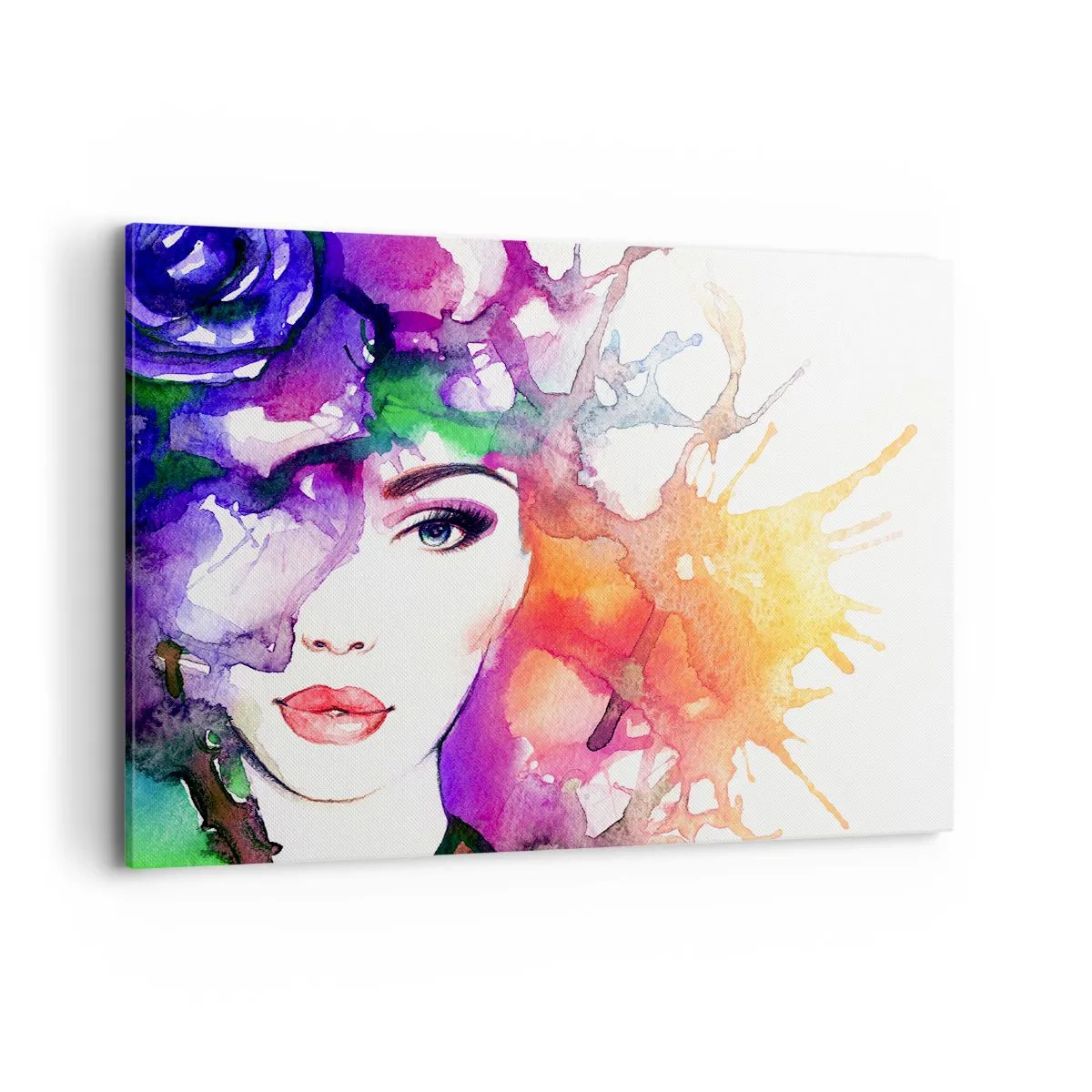 Cuadro sobre lienzo - Impresión de Imagen - Retrato de una mujer en colores de acuarela con manchas abstractas. - 100x70cm - Con la cabeza en las nubes - Decoración de pared moderna para salón y dormitorio ARTTOR