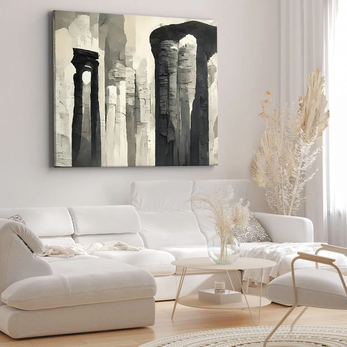 Cuadro sobre lienzo - Impresión de Imagen - Columnas históricas en un entorno monocromático atmosférico - 70x50cm - La majestuosidad de la antigüedad - Decoración de pared moderna para salón y dormitorio ARTTOR