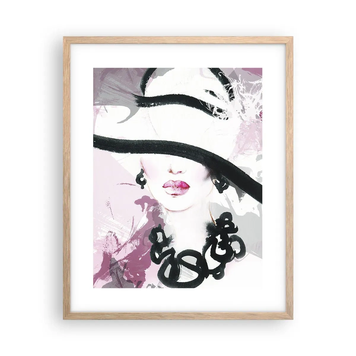 Póster en marco roble claro - Retrato de una dama en negro y rosa - 40x50 cm