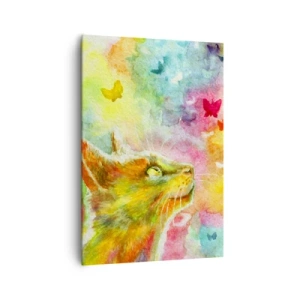 Cuadro sobre lienzo - Impresión de Imagen - Un gato rodeado de mariposas de colores. - 70x100cm - En el paraíso de los gatos - Decoración de pared moderna para salón y dormitorio ARTTOR