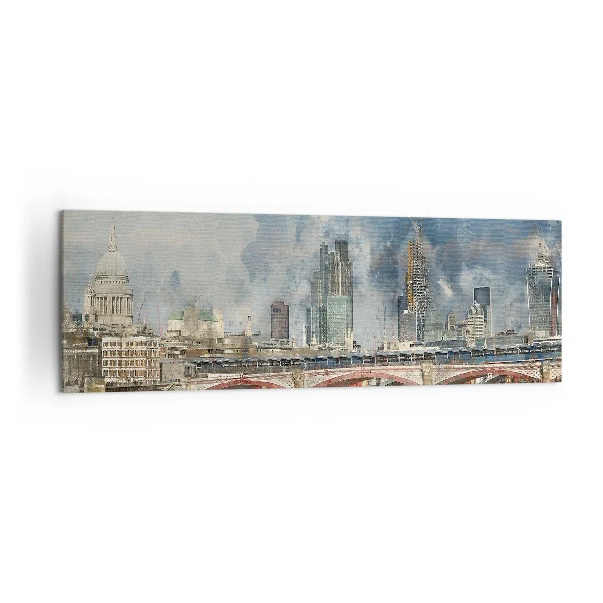 Cuadro sobre lienzo - Impresión de Imagen - Vista en acuarela del puente y el horizonte de la ciudad. - 160x50cm - Londres en todo su esplendor - Decoración de pared moderna para salón y dormitorio ARTTOR