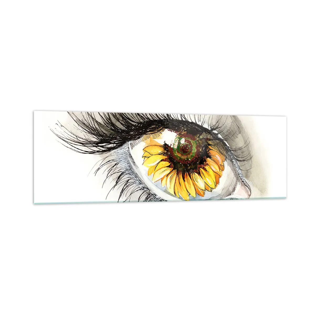 Cuadro sobre vidrio - Impresiones sobre Vidrio - Ojo artístico con iris en forma de girasol. - 160x50cm - Un aspecto tan caluroso como el verano - Decoración de pared moderna para salón y dormitorio ARTTOR