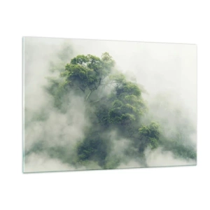 Cuadro sobre vidrio - Impresiones sobre Vidrio - Árboles del bosque tropical que emergen de la espesa niebla - 120x80cm - Envuelto en niebla - Decoración de pared moderna para salón y dormitorio ARTTOR