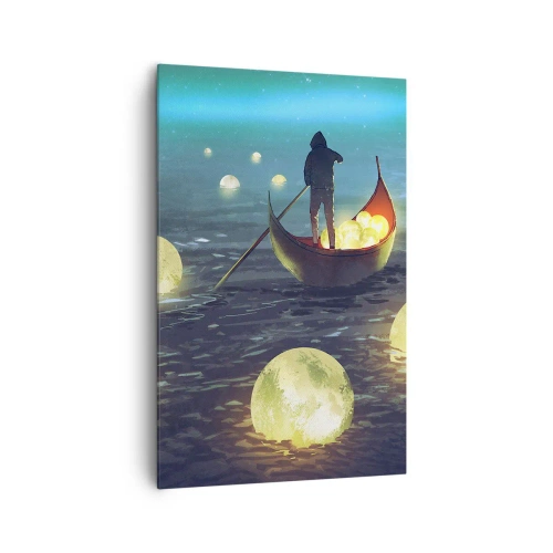 Cuadro sobre lienzo - Impresión de Imagen - Una figura en un barco rodeada de bolas luminosas en el agua. - 80x120cm - Cosas que los filósofos nunca soñaron - Decoración de pared moderna para salón y dormitorio ARTTOR