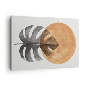 Cuadro sobre lienzo - Impresión de Imagen - Hoja de monstera y círculo dorado sobre un fondo claro - 70x50cm - Siempre el sol - Decoración de pared moderna para salón y dormitorio ARTTOR