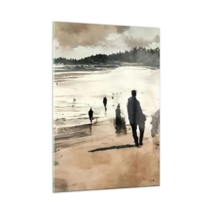 Cuadro sobre vidrio - Impresiones sobre Vidrio - Siluetas caminando por una amplia playa bajo un cielo nublado - 50x70cm - Un sueño evocado - Decoración de pared moderna para salón y dormitorio ARTTOR