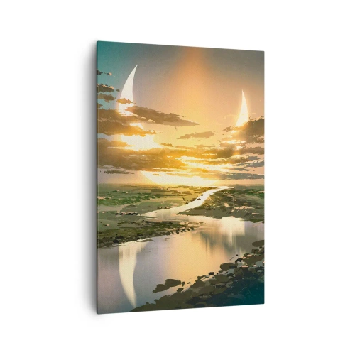 Cuadro sobre lienzo - Impresión de Imagen - Un paisaje fantástico con dos lunas en el horizonte. - 70x100cm - En algún lugar de una galaxia muy, muy lejana - Decoración de pared moderna para salón y dormitorio ARTTOR